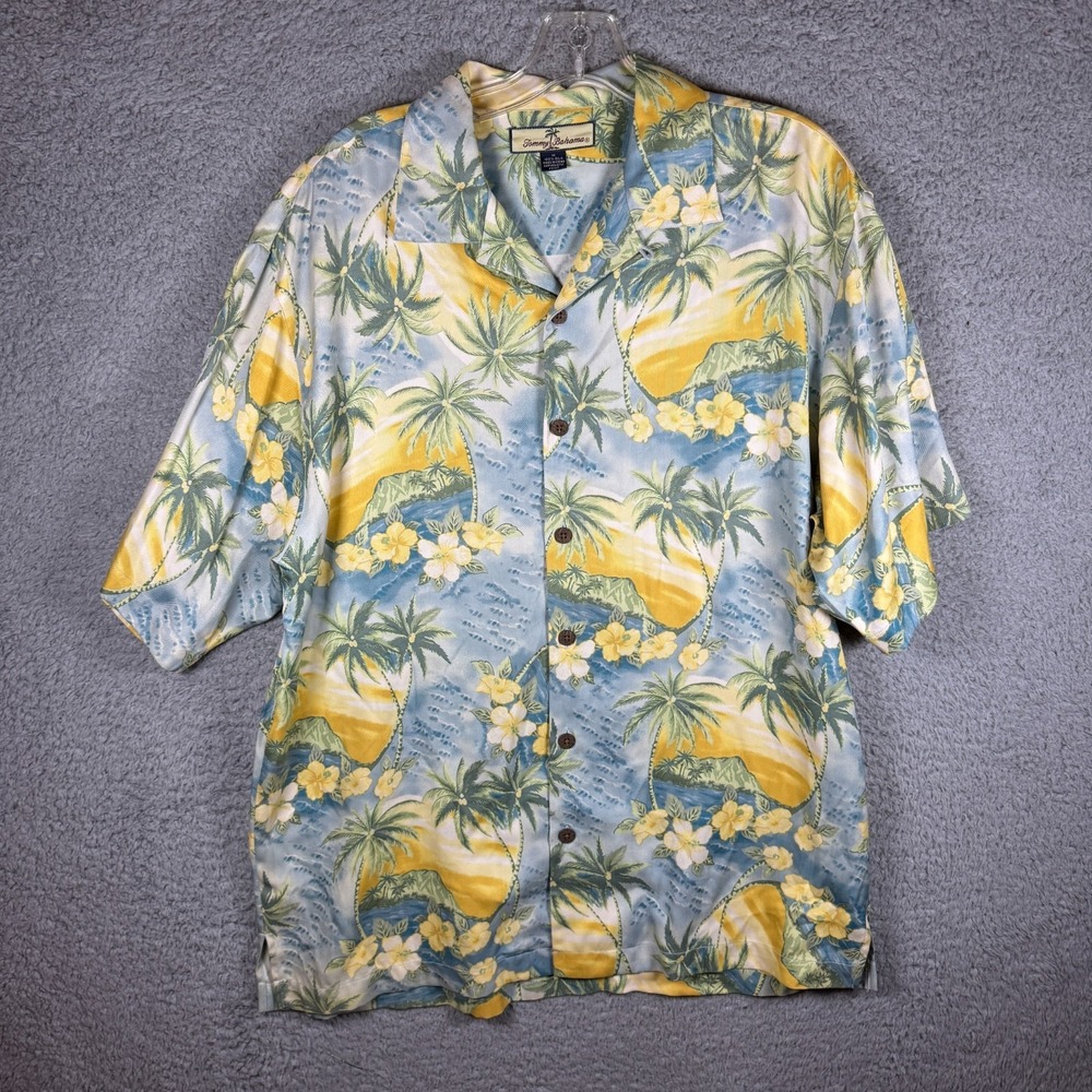 Tommy Bahama Yellow Blue Hawaiian Shirt 100% Silk Palm Trees Flowers Ocean Sz M